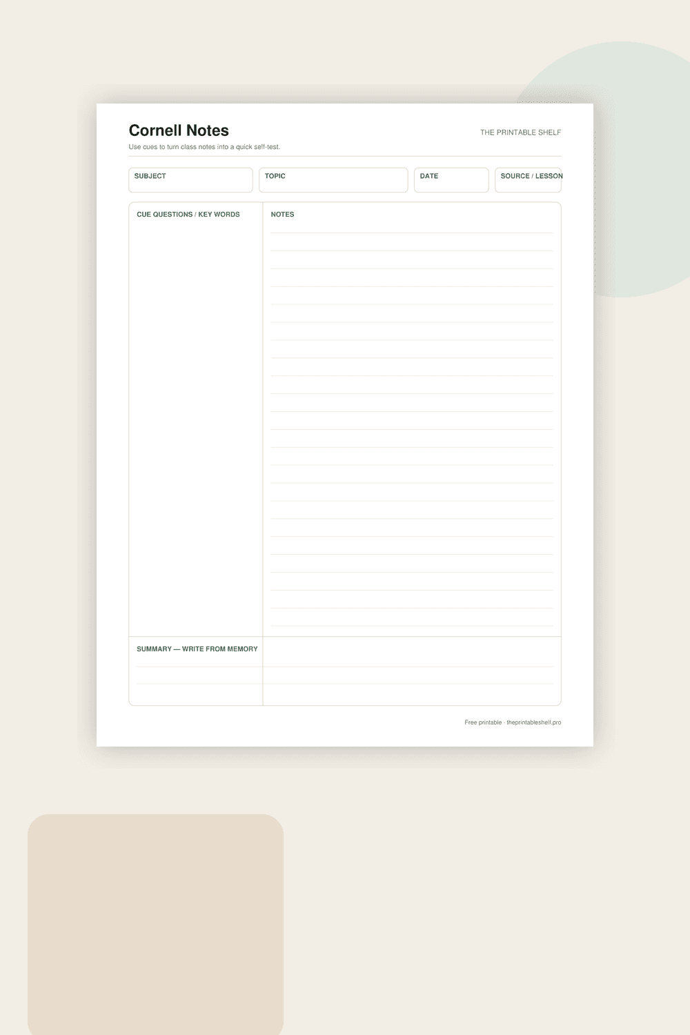 Clean Cornell notes printable with cue questions, notes, and summary sections
