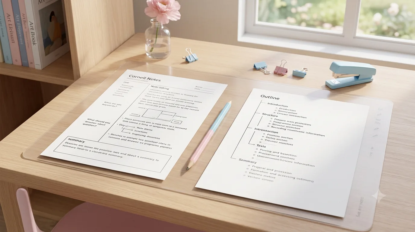 Cornell Notes page and outline-method page side by side on a bright pastel study desk