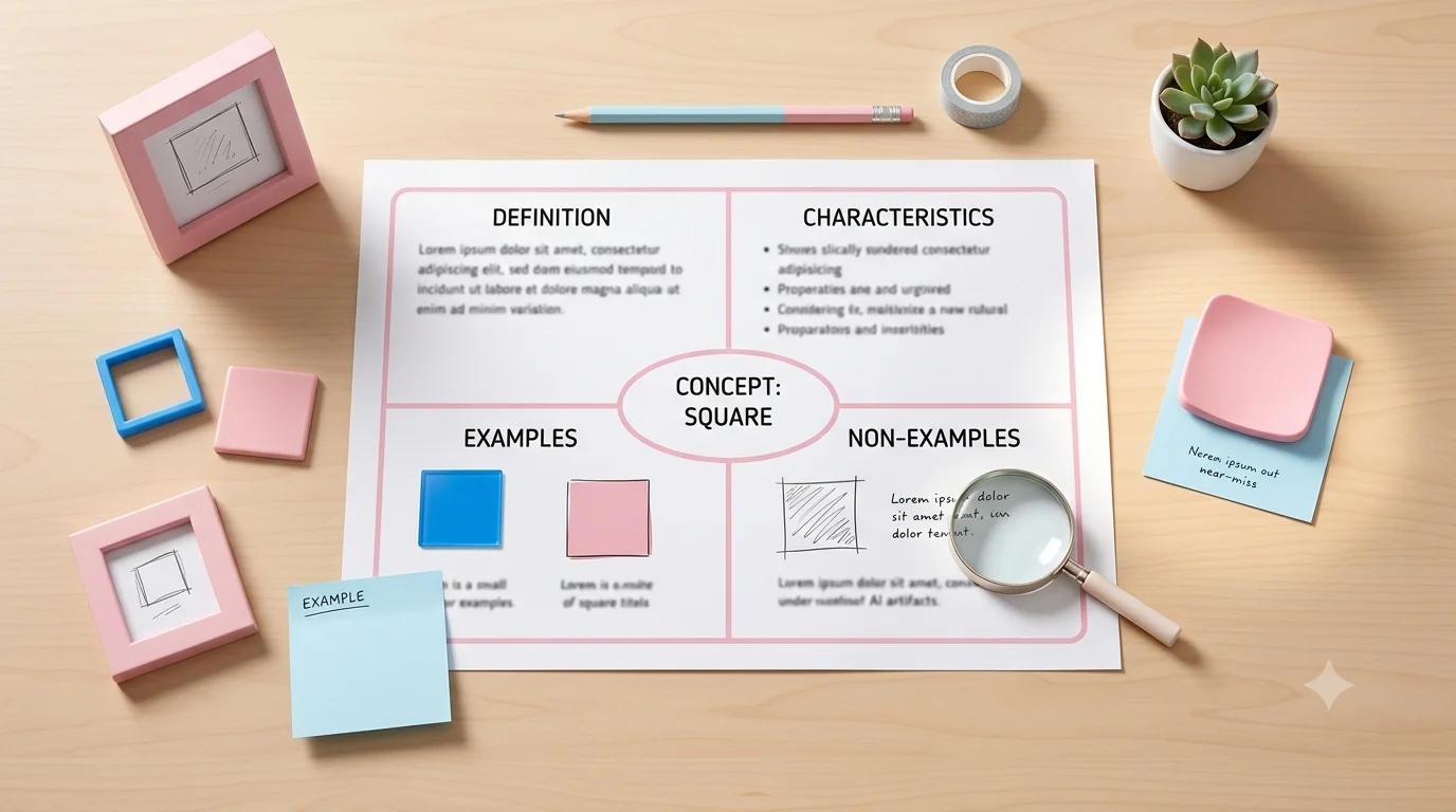 Pastel Frayer Model worksheet with examples, non-examples, and a magnifying glass on a study desk