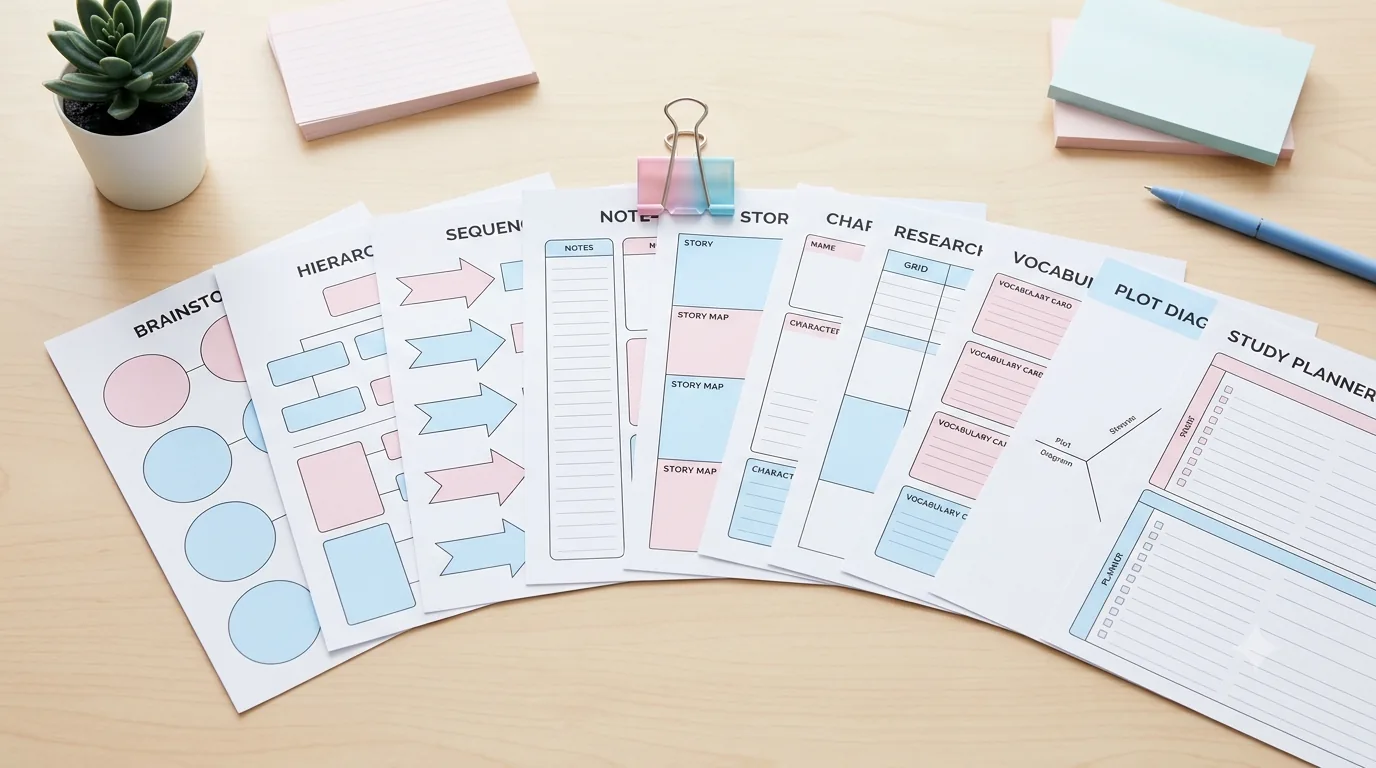 Fan of pastel graphic organizer printables for brainstorming, sequencing, notes, story mapping, vocabulary, and study planning