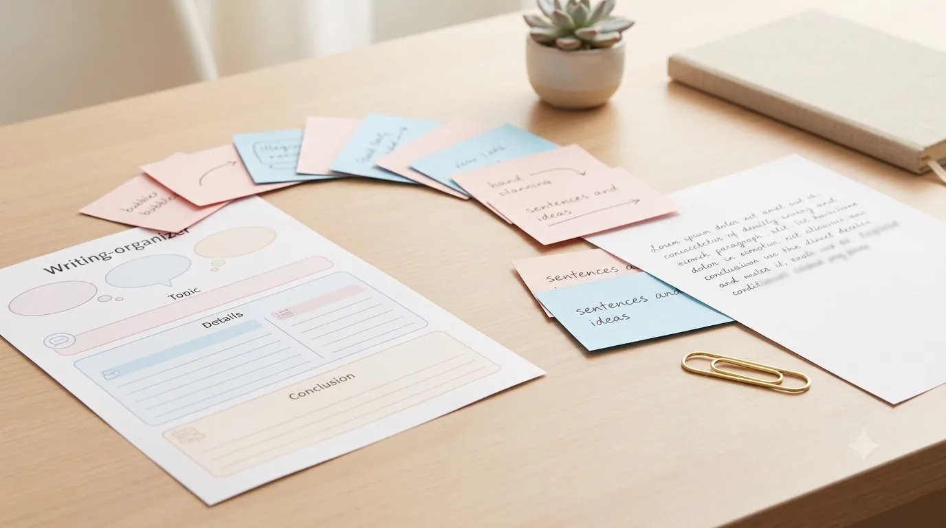Pastel writing organizer with planning cards flowing toward a finished paragraph page