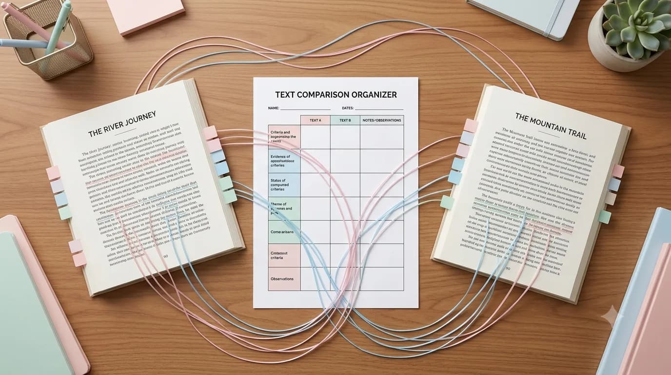 Two reading texts connected by pastel evidence lines to a central text-comparison organizer