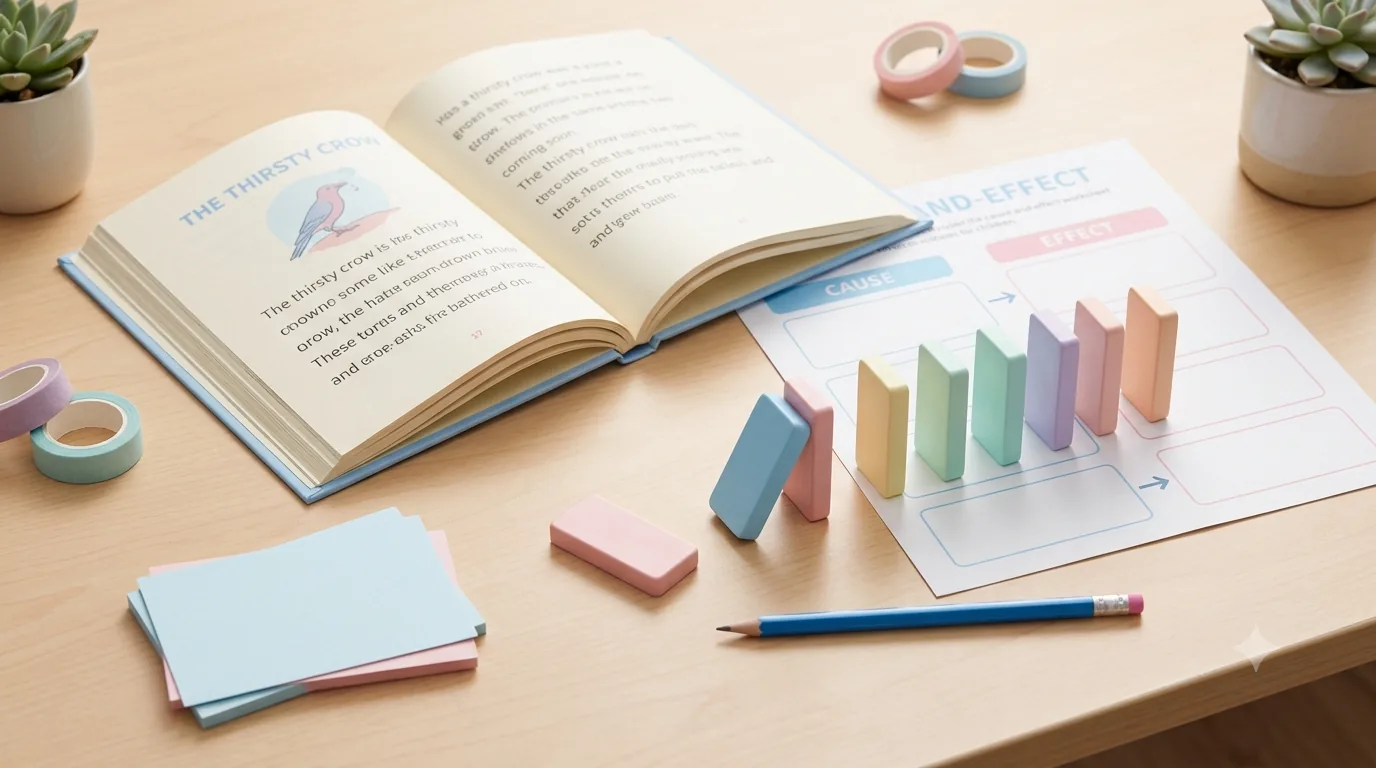 Cause-and-effect reading worksheet beside an open book and pastel dominoes showing a causal chain