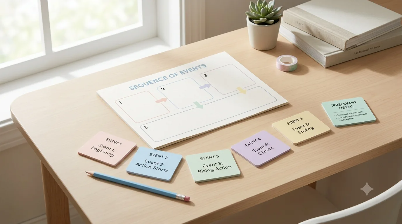 Pastel sequence-of-events worksheet with event cards arranged in order and one irrelevant detail card set aside