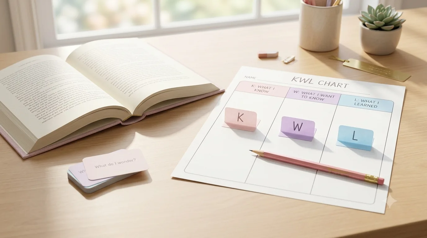 Pastel KWL chart beside an open book with Know, Want to Know, and Learned tabs