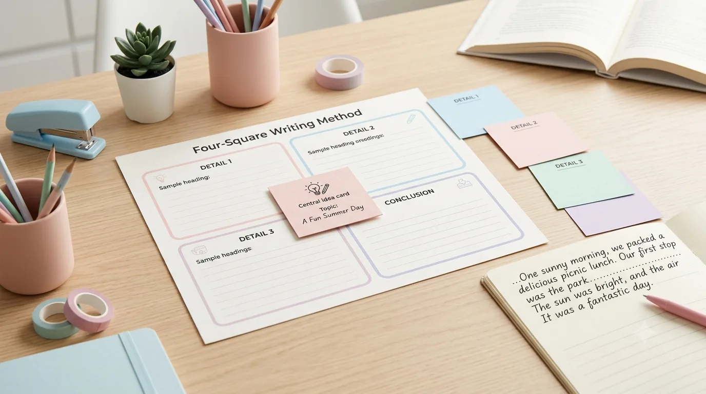 Pastel Four-Square Writing Method organizer with planning cards leading toward a drafted paragraph