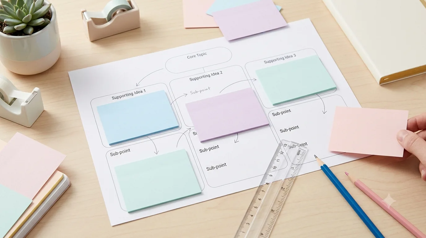 Graphic organizer with movable pastel note cards, pencils, and ruler showing ideas being arranged before writing