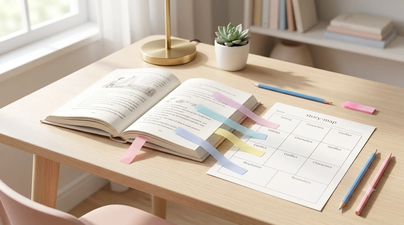 Open reading book with pastel evidence tabs leading toward a story-map comprehension organizer
