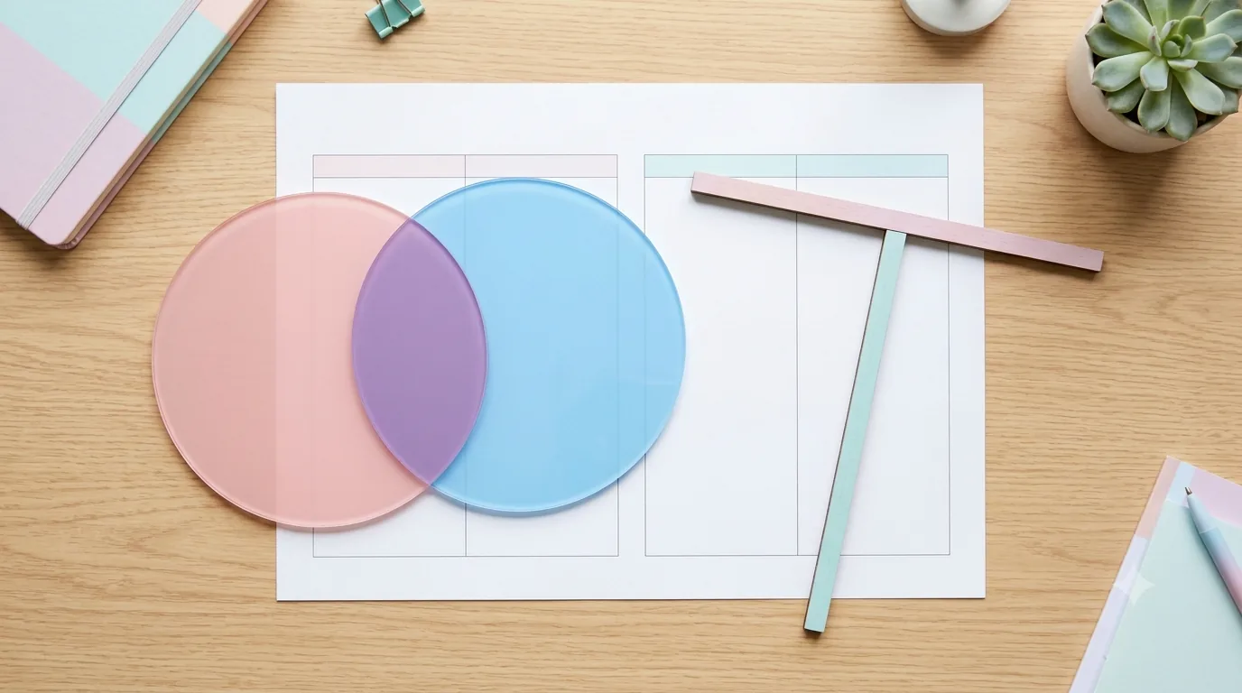 Translucent pink-and-blue Venn circles beside a pastel physical T-chart on a clean comparison worksheet