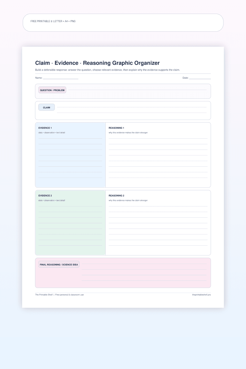 Claim evidence reasoning organizer with question claim two evidence and reasoning pairs and final science explanation