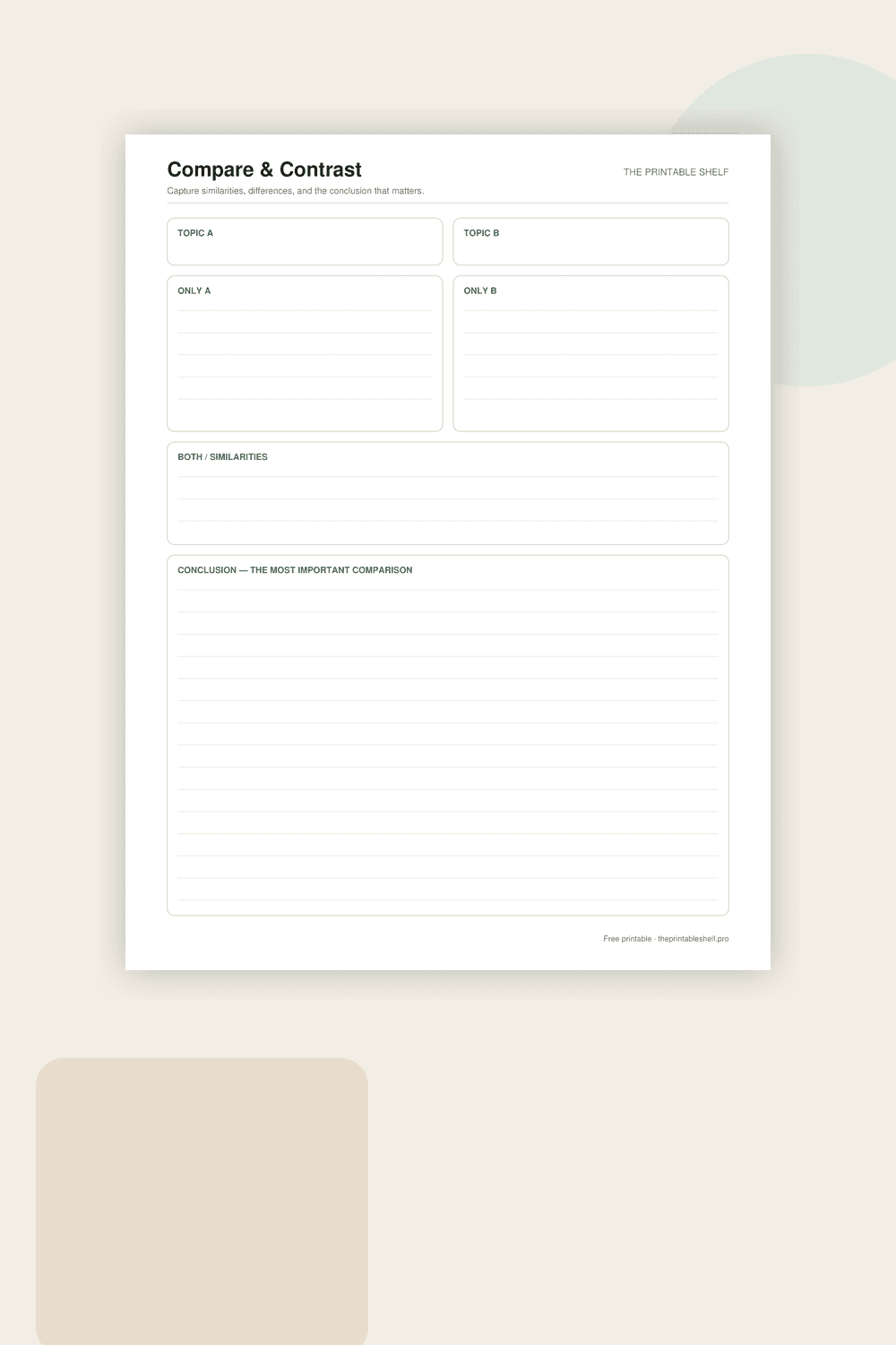 Compare and contrast printable with separate differences, similarities, and conclusion sections