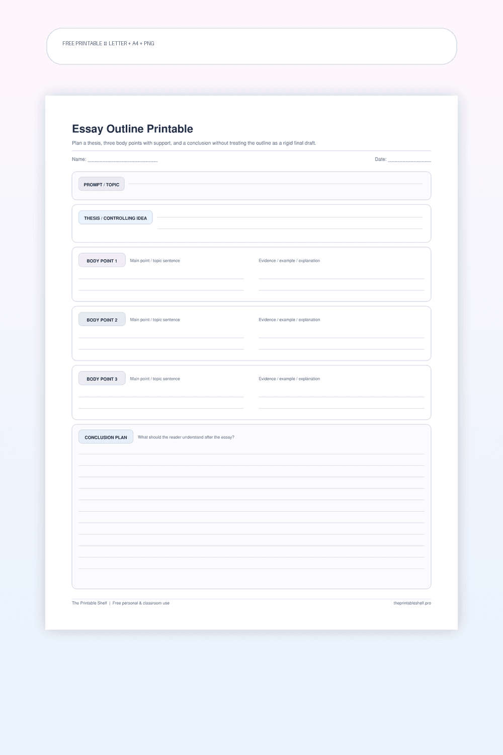Essay outline printable with thesis, three body points, evidence and explanation notes, and conclusion plan