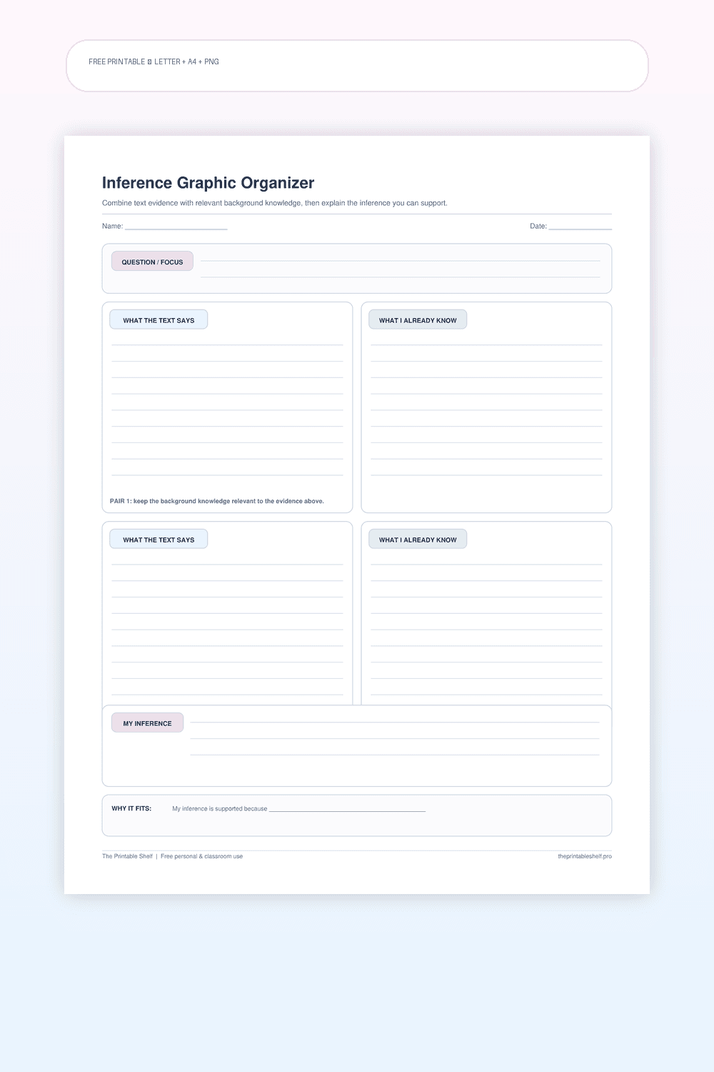 Inference graphic organizer with text clue background knowledge inference and reasoning sections