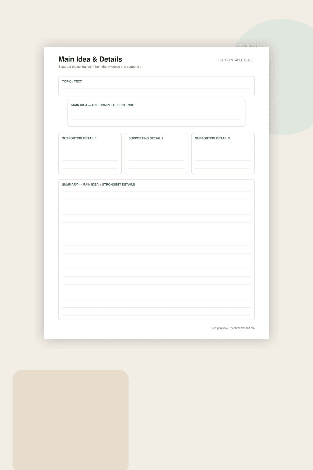 Main idea and details graphic organizer with three supporting detail boxes and summary