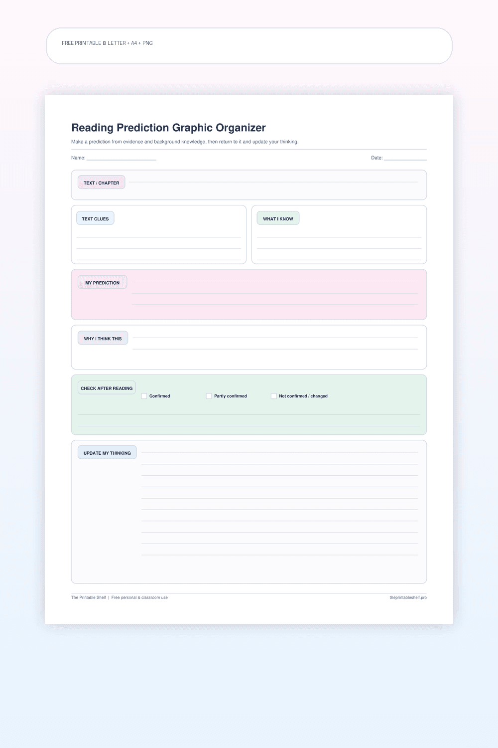 Reading prediction organizer with text clues, background knowledge, prediction, reasoning, and check-after-reading sections