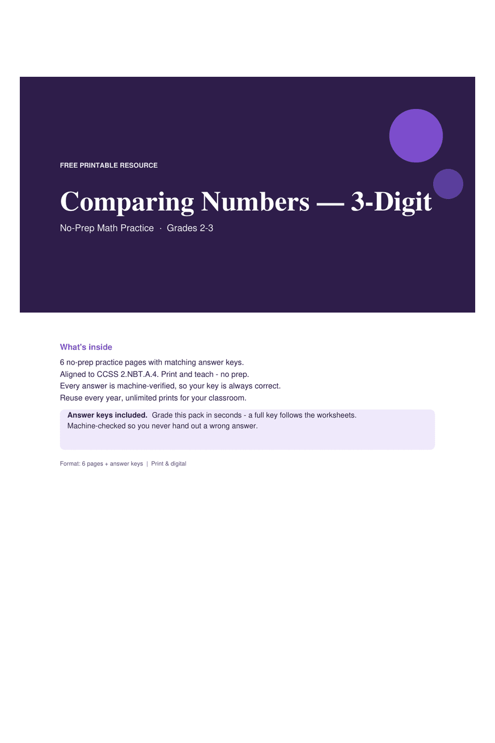 Cover preview of the free comparing numbers — 3-digit printable PDF