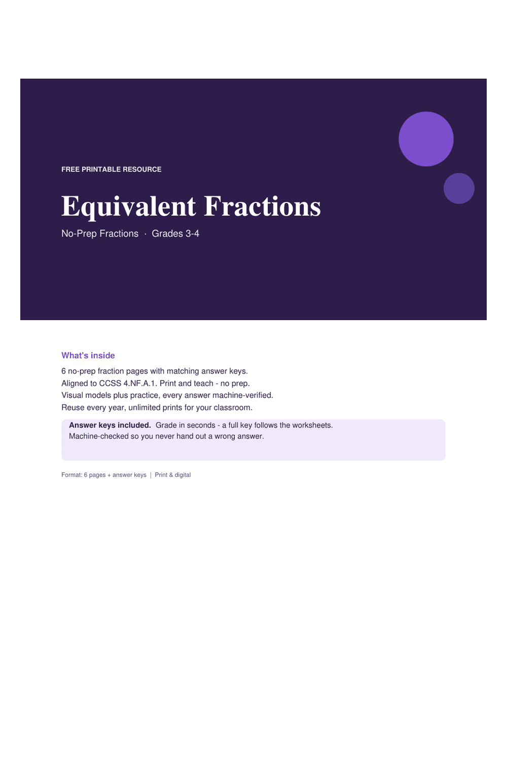 Cover preview of the free equivalent fractions printable PDF