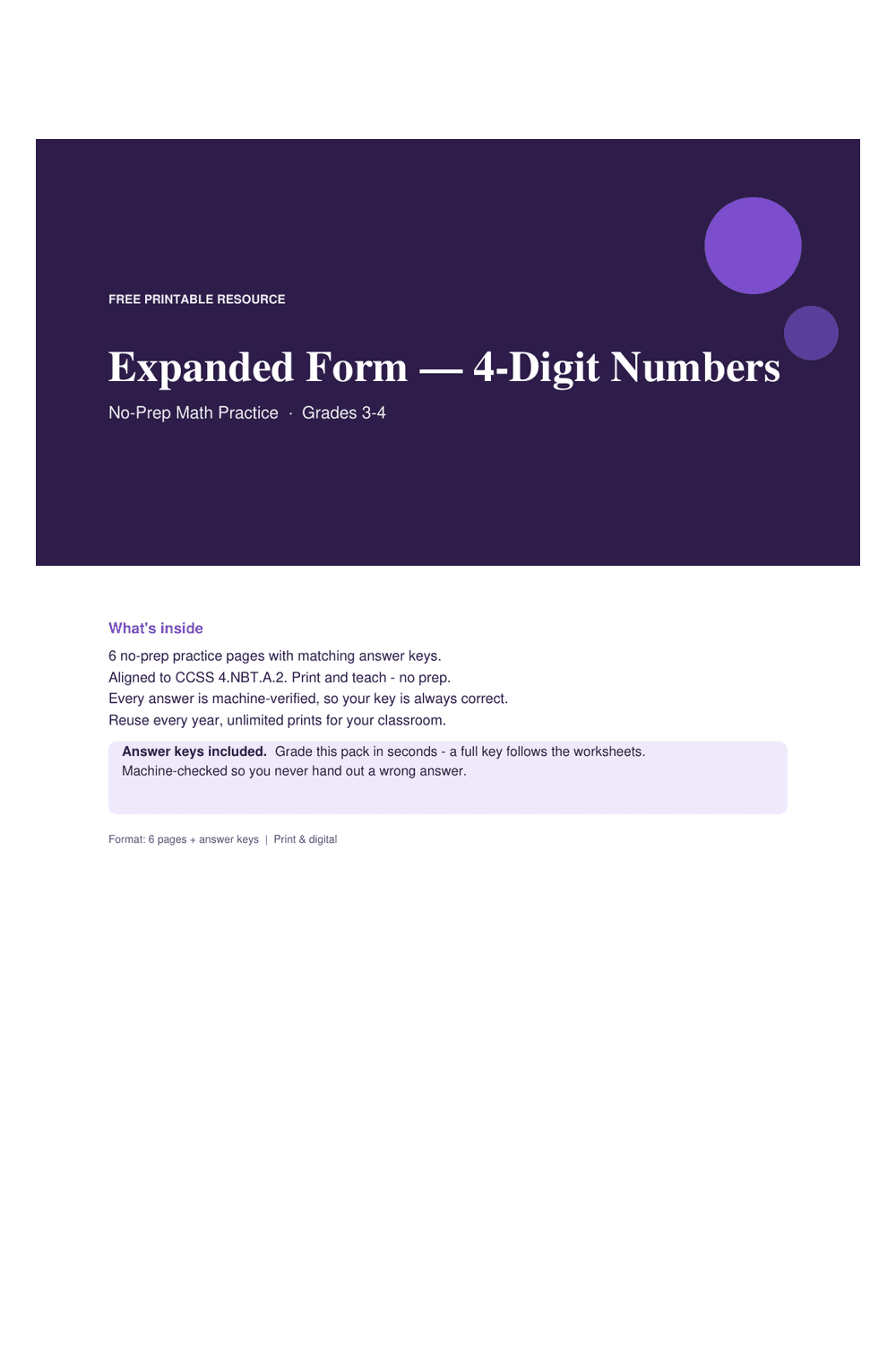 Cover preview of the free expanded form — 4-digit numbers printable PDF