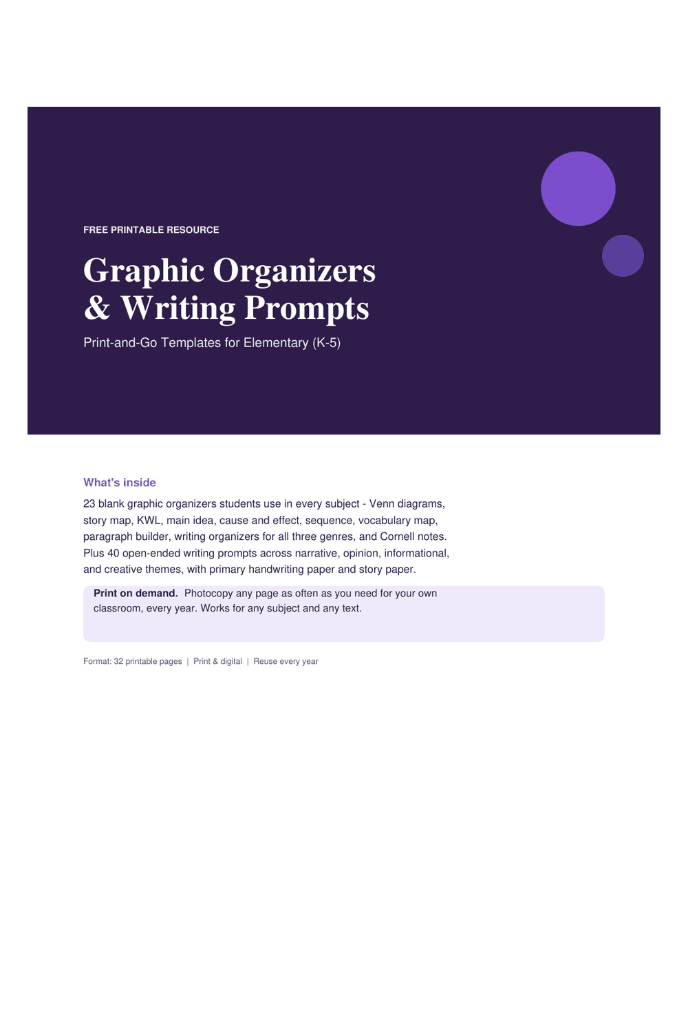Cover preview of the free graphic organizers & writing prompts pack printable PDF