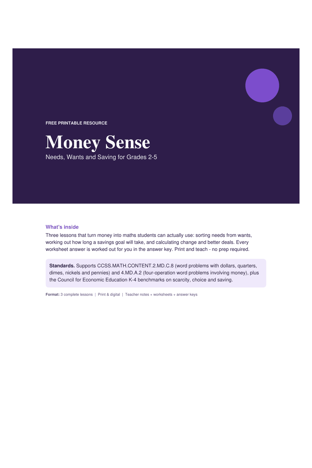 Cover preview of the free money sense unit — needs, wants & saving printable PDF