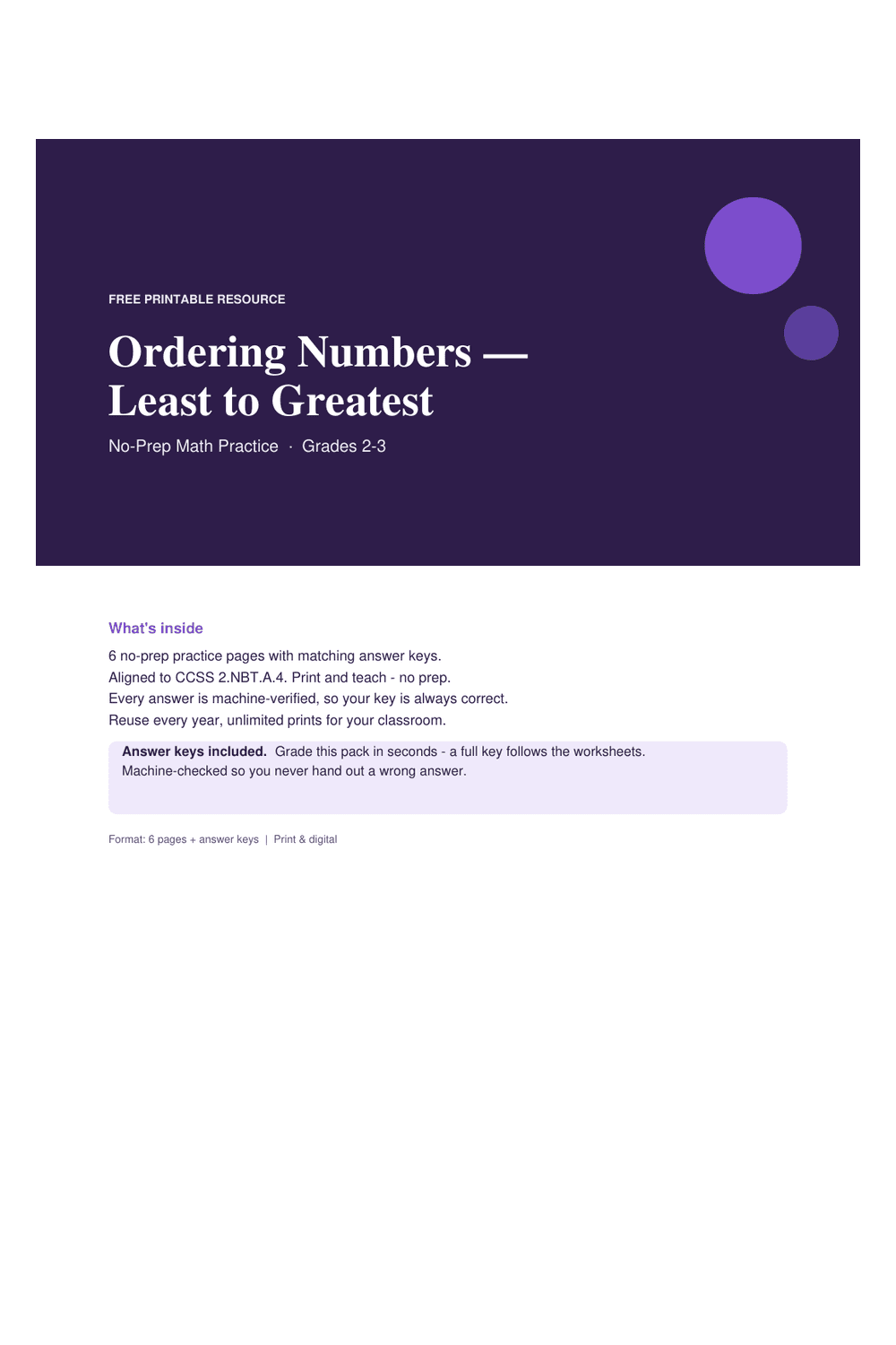 Cover preview of the free ordering numbers — least to greatest printable PDF