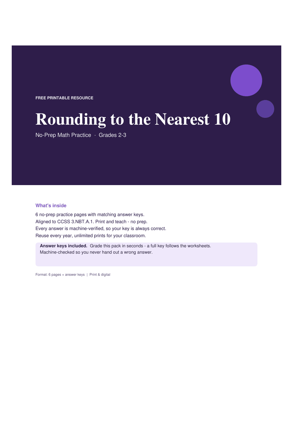 Cover preview of the free rounding to the nearest 10 printable PDF