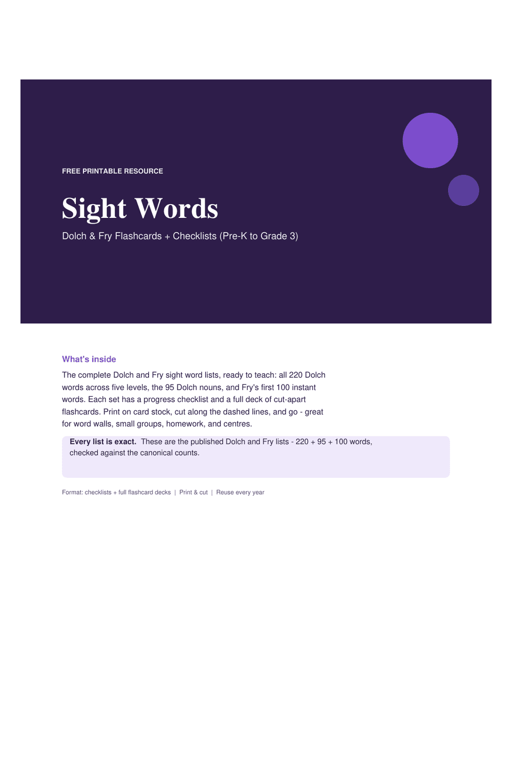 Cover preview of the free sight words — dolch & fry flashcards + checklists printable PDF