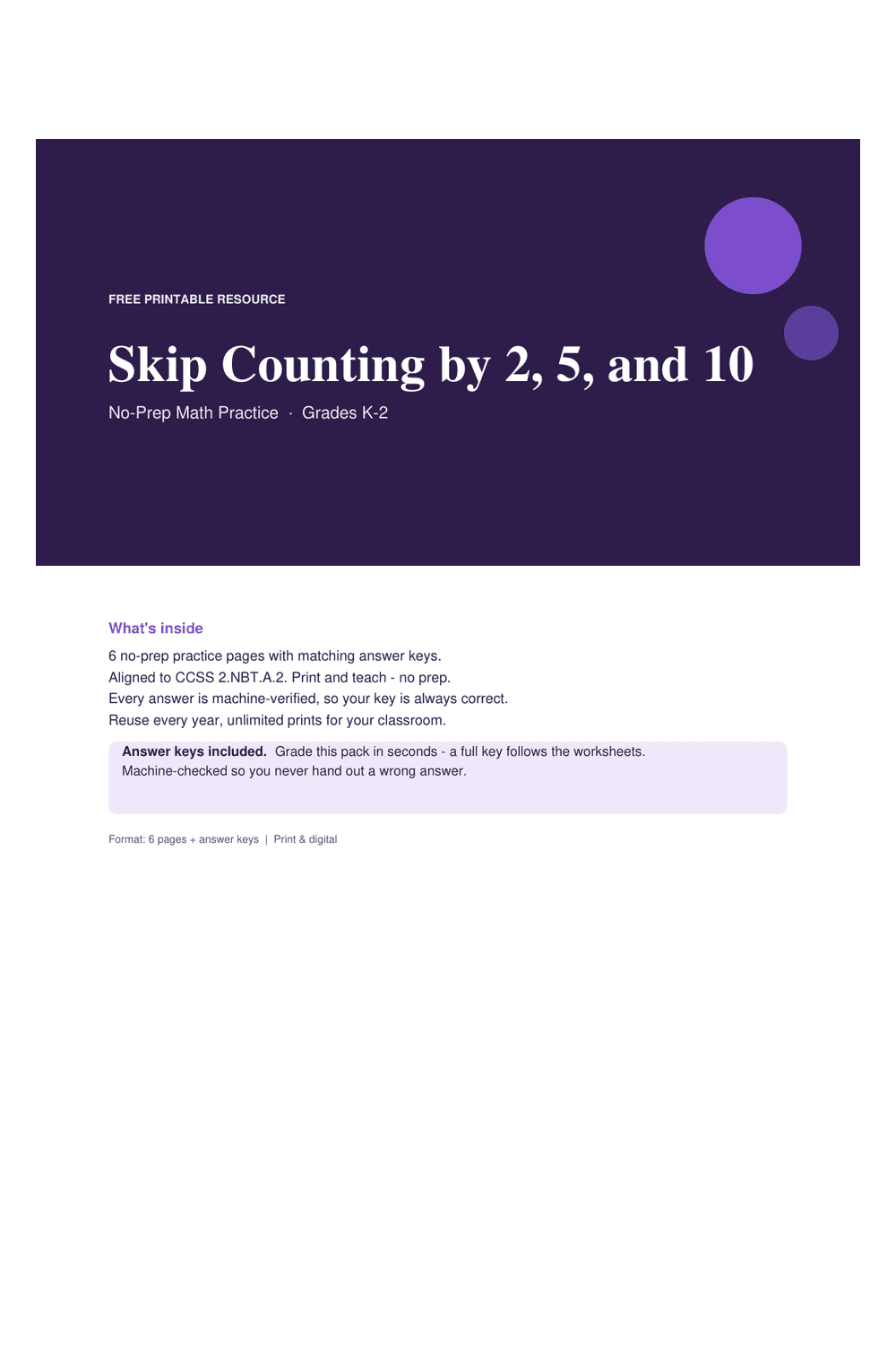 Cover preview of the free skip counting by 2, 5, and 10 printable PDF