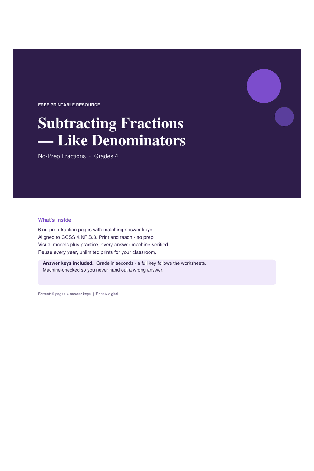 Cover preview of the free subtracting fractions — like denominators printable PDF