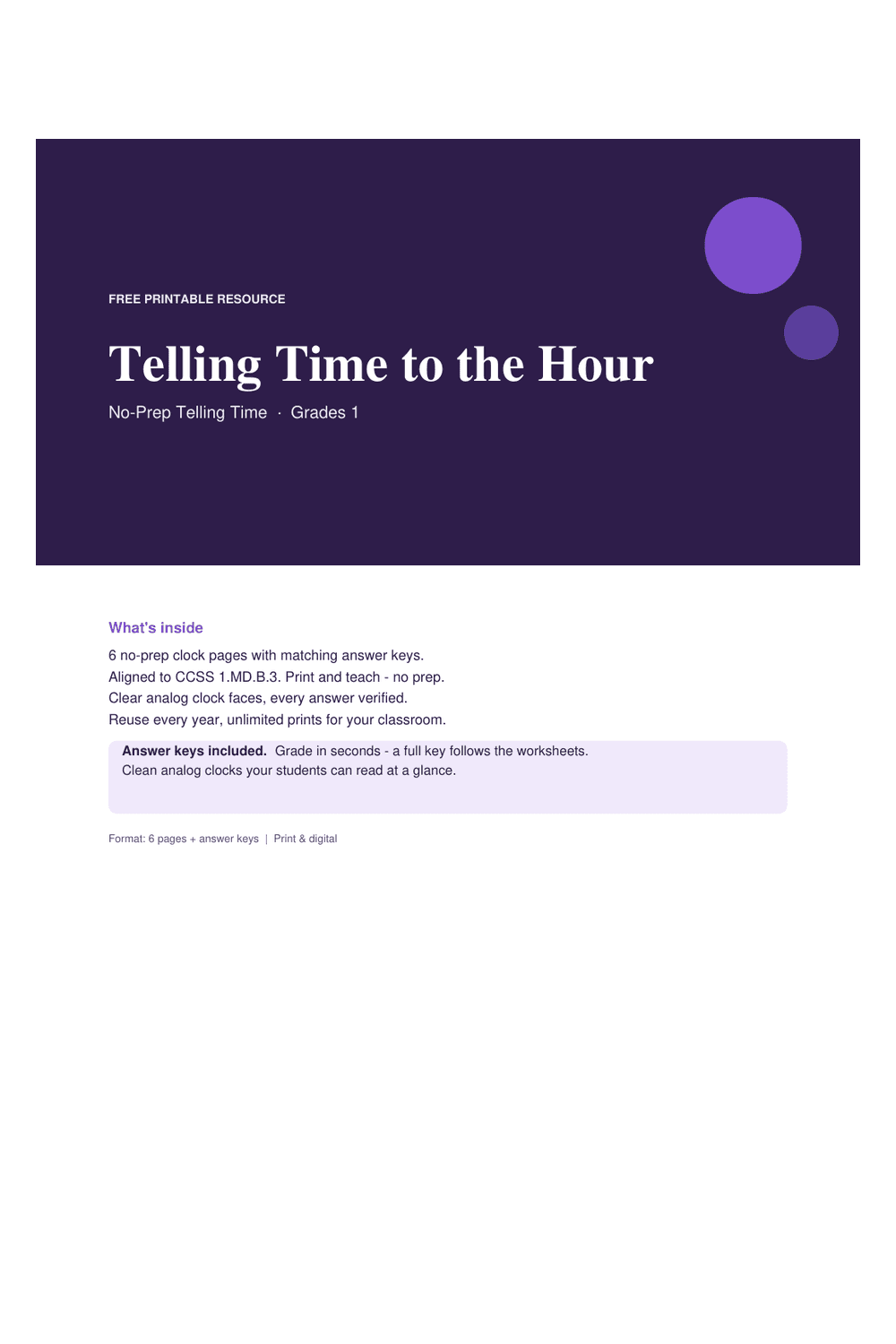 Cover preview of the free telling time to the hour printable PDF