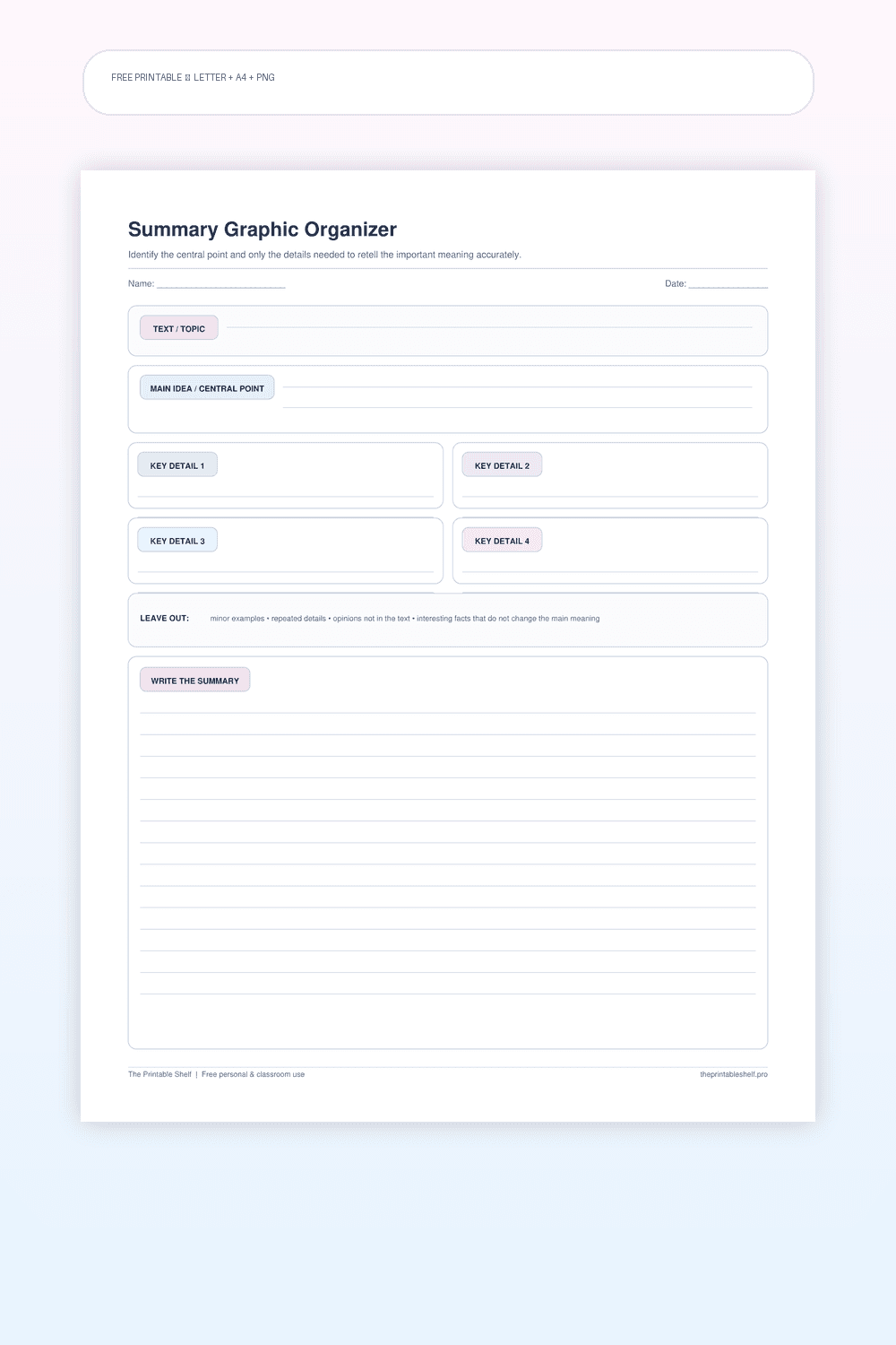 Summary organizer with main idea key details leave out and write the summary sections