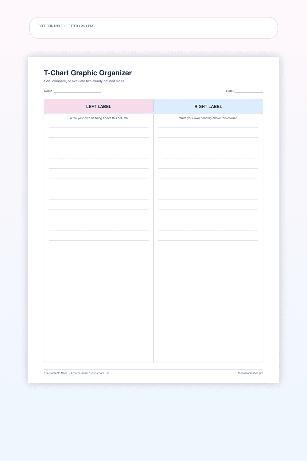 Blank two-column T-chart graphic organizer with editable-style column labels