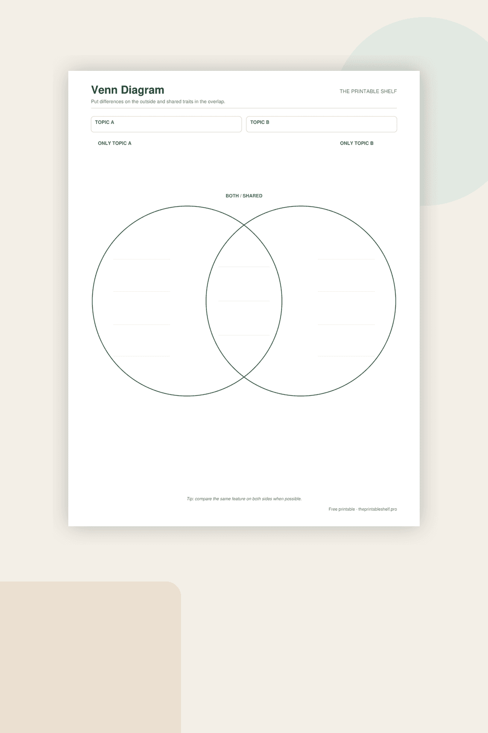 Free printable two-circle Venn diagram with Topic A, Topic B, and shared overlap